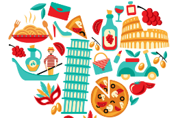Imagem: ilustrações relacionadas à Itália, como pizza, vinho, tore de Pisa, macarrão, lambreta etc