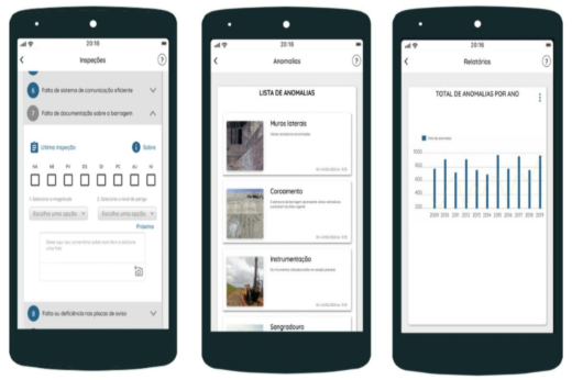 Imagem: Foto com as telas de três celulares com janelas do aplicativo SisBarragens em funcionamento