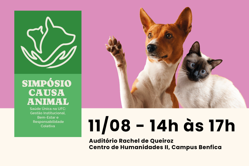 Imagem num fundo rosa. Do lado direito, tem um cachorro com a pata levantada e um gato do lado. Do lado esquerdo tem um logo verde com o nome Simpósio da Causa Animal