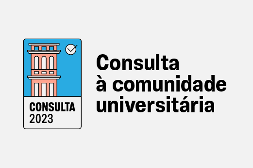 Imagem: logo da consulta a comunidade universitária com fundo branco e imagem da reitoria
