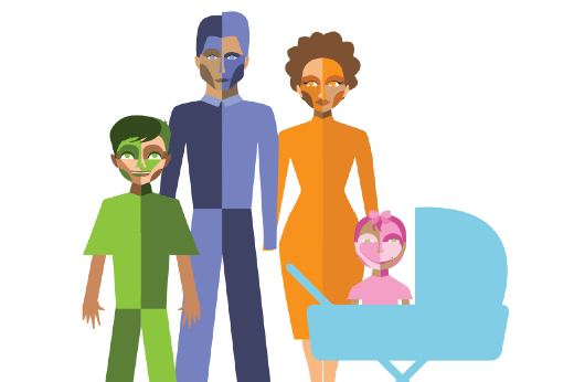 Imagem: ilustração de família com homem, mulher, criança e bebê 
