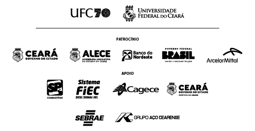 Imagem: Régua de marcas dos patrocinadores e apoiadores do projeto UFC 70 Anos, contendo logomarcas de Governo do Estado do Ceará, Assembleia Legislativa do Estado do Ceará, Banco do Nordeste, Governo Federal, Arcelor Mittal, SP Combustíveis, Sistema FIEC, CAGECE (Secretaria das Cidades), SEBRAE e Grupo Aço Cearense