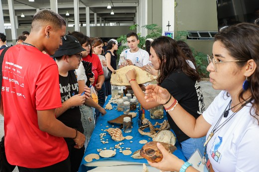 Imagem: estudantes apresentam fósseis de animais marinhos a visitantes em um estande