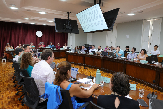 Imagem: Professores sentados na sala dos Conselhos Superiores. Eles estão  sentados em cadeiras com mesas a frente, dispostas em formato de um U. Acima, descendo do teto, telões exibem o texto que está sendo votado (Foto: Viktor Braga/UFC Informa)